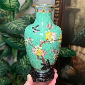 Asian Chinese Cloisonne Enamel Floral Cherry Blossom Bird Pastel Mint Green Vase